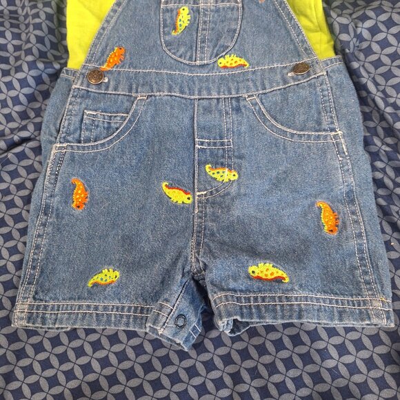 denim overalls and hat with green shirt 6 to 9 months - Picture 3 of 8